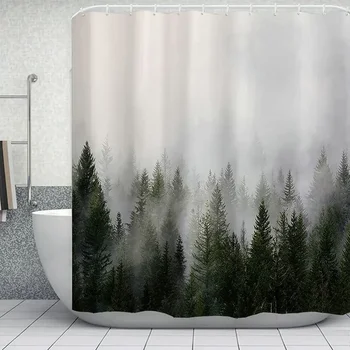 Туманный лес Занавеска для душа Китайская природа Лес Фэнтези Туман Волшебное дерево Домашняя ванная комната Водонепроницаемый экран из полиэстера с крючком