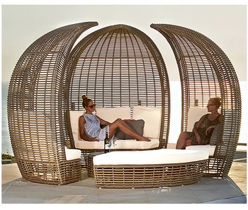 Уличная кровать из ротанга, открытый гостиничный диван, круглая кровать для отдыха высокого класса на открытом воздухе