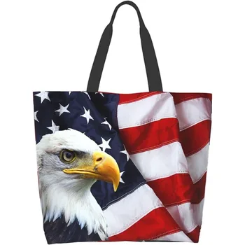 Холщовая сумка с американским флагом, большая женская повседневная сумка через плечо, многоразовая многоцелевая сумка для покупок на открытом воздухе