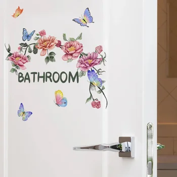Художественный стиль Знак для ванной комнаты Наклейки для украшения дома Красивые цветы Виноградная лоза Бабочка Украшение стены DIY Паста
