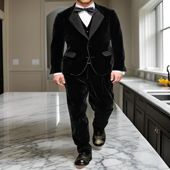 Черные бархатные мужские костюмы для вечернего выпускного вечера Свадьба жениха Смокинг 2024 3 шт. Мужская мода Зимний ужин (куртка + брюки + жилет)
