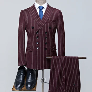 Черный бордовый темно-синий полосатый мужской костюм двубортный блейзер последнее пальто брюки дизайн приталенный крой 2 шт. смокинги жених выпускной вечер ternos