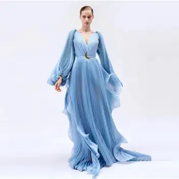Шикарный стиль Синие складки Выпускное платье 2024 Вечерние платья Пышные длинные рукава с оборками Платье для знаменитостей vestidos de fiesta