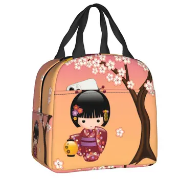 Японская кукла Сакура Кокэши Термоизолированные сумки для ланча Женщины Geishas Портативная сумка для обеда для школы Офис На открытом воздухе Коробка для еды