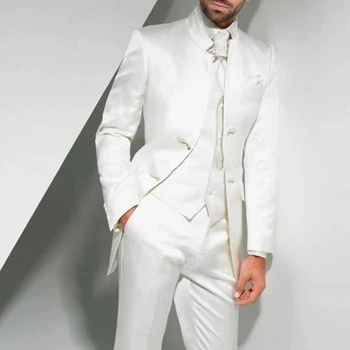 белый Свадебная одежда Мужские костюмы Блейзер Terno Hombres Однобортная стойка Лацкан Атлас Куртка из трех частей Брюки Жилет на заказ