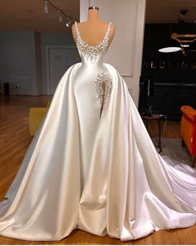 гламурный жемчуг русалки свадебные платья со съемным шлейфом сплит свадебное платье на заказ совок из бисера Vestido de novia