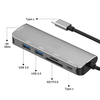 док-станция 4K@30Hz Type-C На HDMI-совместимый игровой USB-концентратор HDMI-совместимый Интернет-разветвитель Считыватель карт памяти Демонстрация экрана