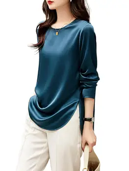 корейская мода простая ацетатная атласная футболка с длинными рукавами, весенняя повседневная рубашка из искусственного шелка больших размеров осенние винтажные топы 6XL