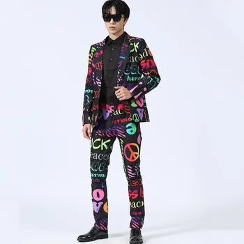 корейский стиль письмо печатный костюм мужской певец бар сценическое выступление узкий крой блейзер брюки 2 шт. комплект фотостудия вечеринка