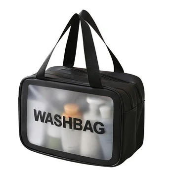  матовая полупрозрачная сумка для туалетных принадлежностей, с удобной ручкой для макияжа, косметический органайзер, дизайн сумки с влажным и сухим разделением, черный