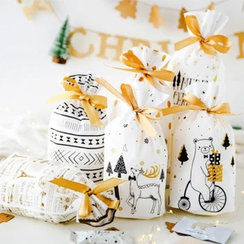 рождественские подарочные пакеты Лось Снеговик Санта-Клаус Печенье конфеты Украшения для сумки на шнурке Новый год Рождественская вечеринка подарки упаковка 2022
