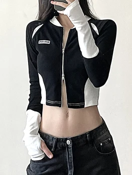 сексуальные двусторонние футболки на молнии Женская мода Черная Белая Строчка Harajuku Длинные рукава Тонкие укороченные топы Корейская уличная одежда
