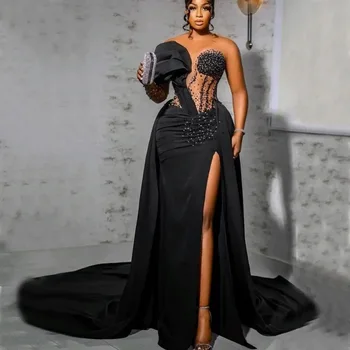 сексуальные черные длинные выпускные платья бисероплетение русалка с открытыми плечами пятно для ног разрез для официальных случаев платья вечернее платье для вечерней вечеринки