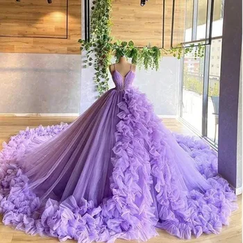 фиолетовый Бальное платье Платья Quinceanera Vestidos de 15 Anos Элегантные бусины Оборки Свадебные платья Шнуровка