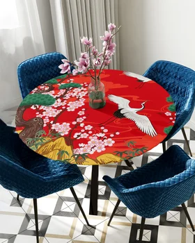 японский стиль сакура красная круглая скатерть эластичная крышка стола в помещении на открытом воздухе водонепроницаемый аксессуар для украшения обеденного стола